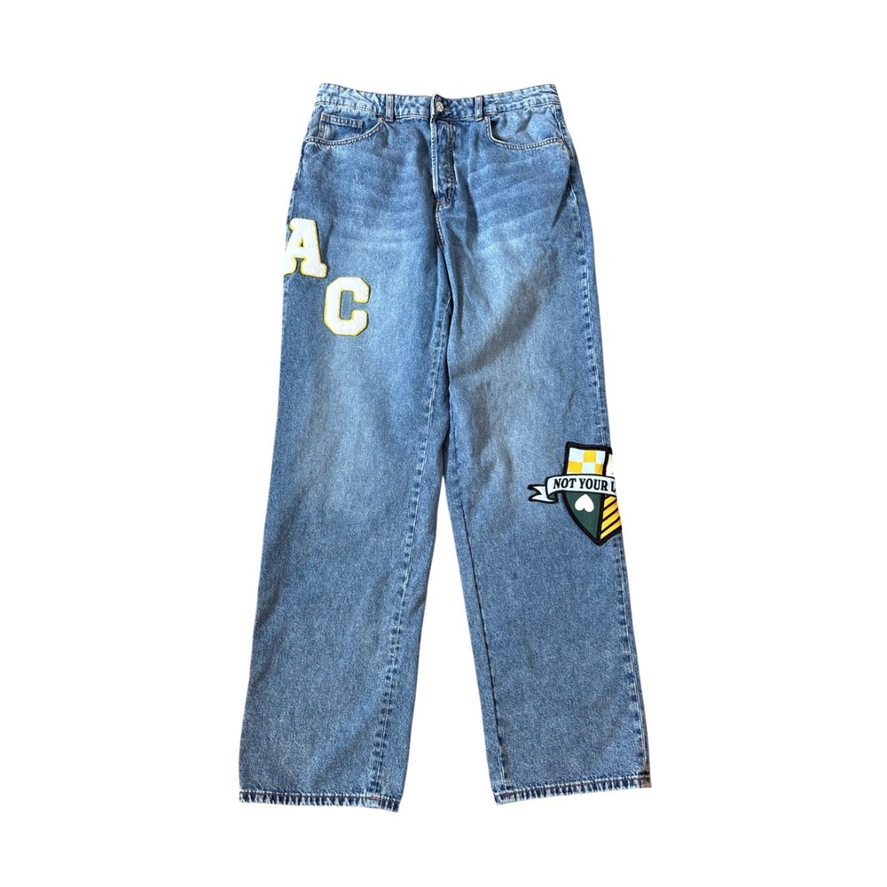 H&M Divided Jeans Women Blue Patch Varsity Straight Leg High‎ Rise SIZE 10